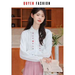 Áo thời trang công sở nữ cổ đức thanh lịch, sơ mi thô thêu hoa đào basic quyên fashion aa514