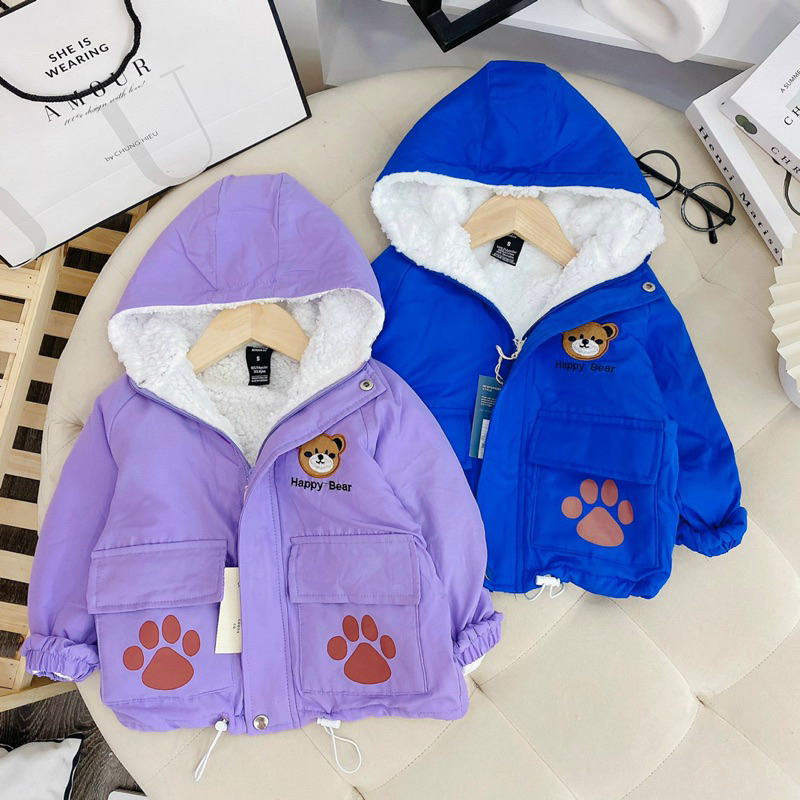 Áo khoác gió lót lông 2 lớp  thêu mặt gấu dễ thương cho bé