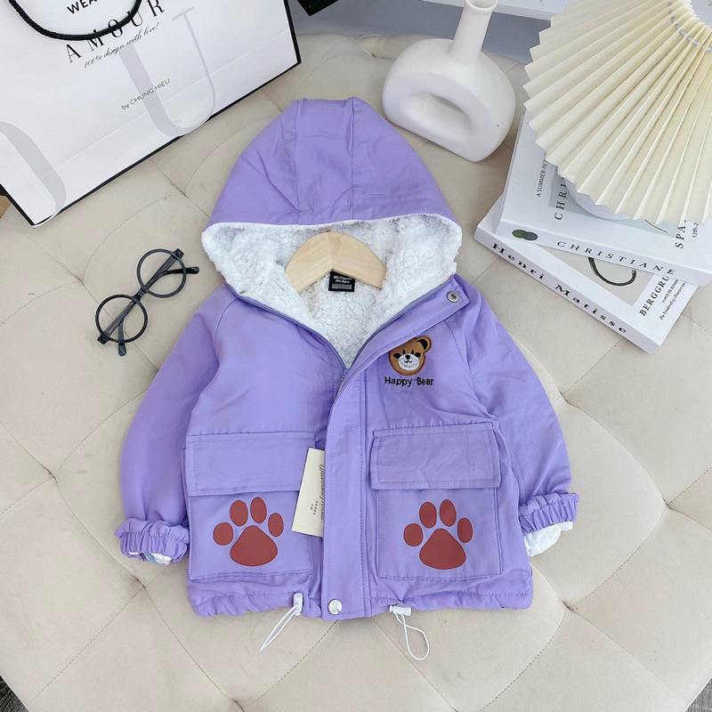 Áo khoác gió lót lông 2 lớp  thêu mặt gấu dễ thương cho bé