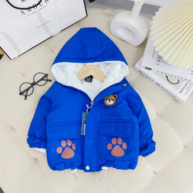 Áo khoác gió lót lông 2 lớp  thêu mặt gấu dễ thương cho bé