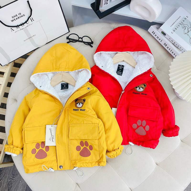 Áo khoác gió lót lông 2 lớp  thêu mặt gấu dễ thương cho bé