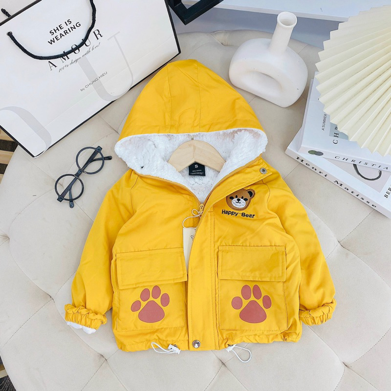 Áo khoác gió lót lông 2 lớp  thêu mặt gấu dễ thương cho bé