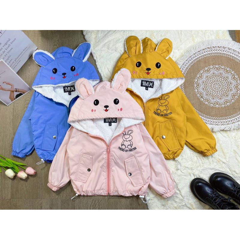 Áo gió 2 lớp lót lông thêu mặt thỏ dễ thương cho bé