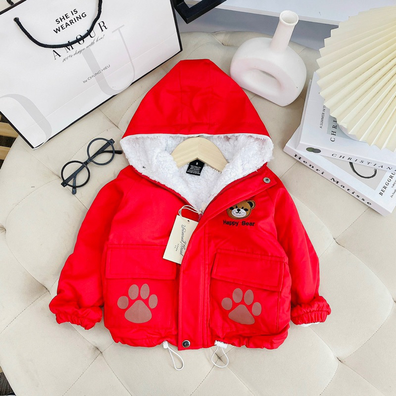 Áo khoác gió lót lông 2 lớp  thêu mặt gấu dễ thương cho bé
