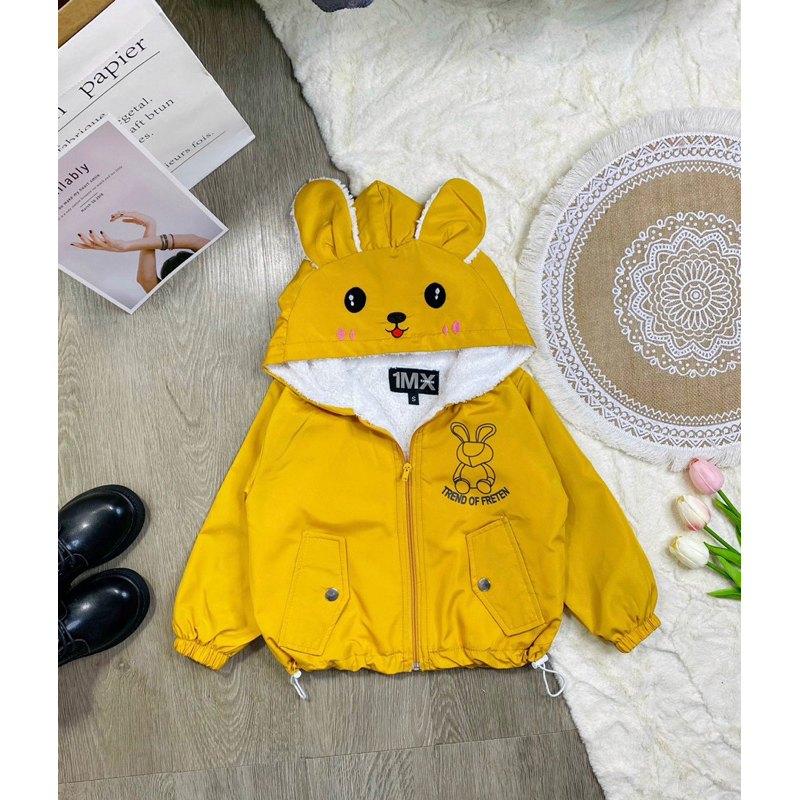 Áo gió 2 lớp lót lông thêu mặt thỏ dễ thương cho bé