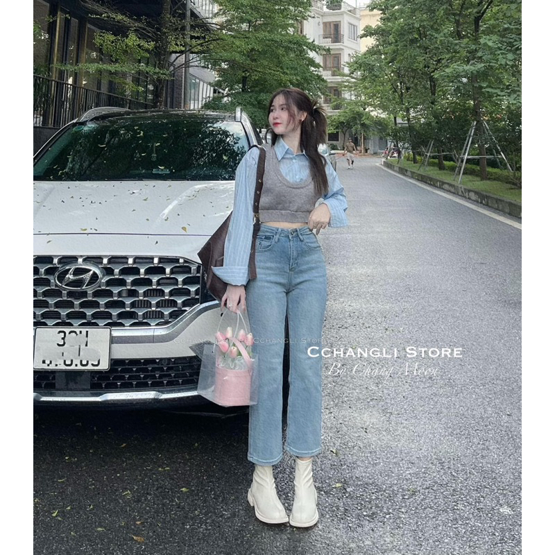 SÉT  ulzzang hàn áo GILE LEN CROPTOP VÀ ÁO SƠ MI DÀI TAY DÁNG CROPTOP HÀNG LOẠI 1