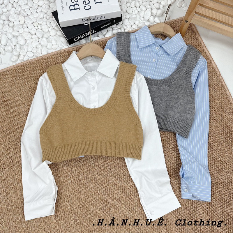 SÉT  ulzzang hàn áo GILE LEN CROPTOP VÀ ÁO SƠ MI DÀI TAY DÁNG CROPTOP HÀNG LOẠI 1