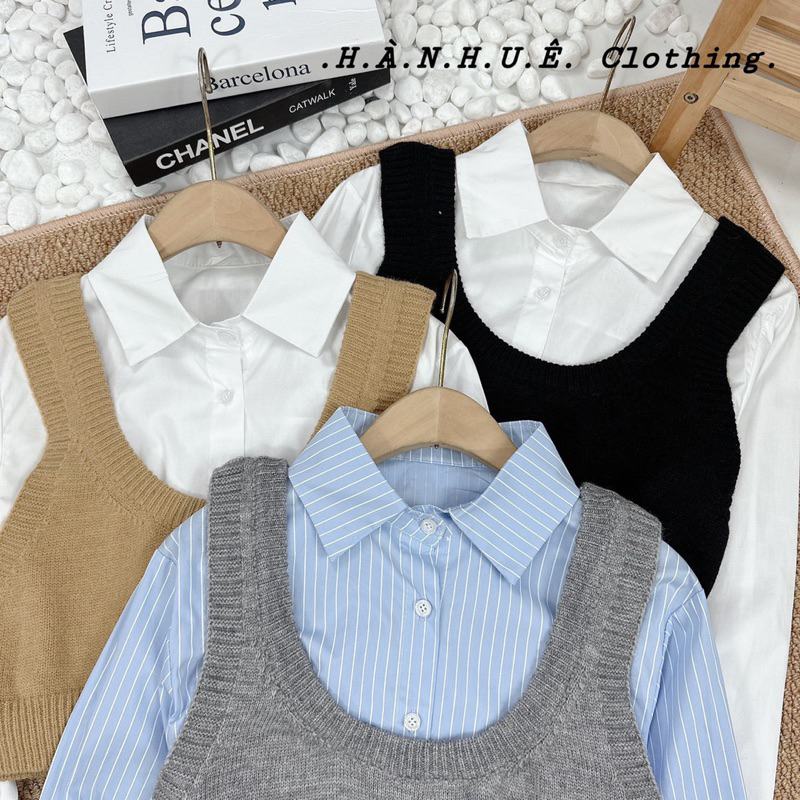 SÉT  ulzzang hàn áo GILE LEN CROPTOP VÀ ÁO SƠ MI DÀI TAY DÁNG CROPTOP HÀNG LOẠI 1