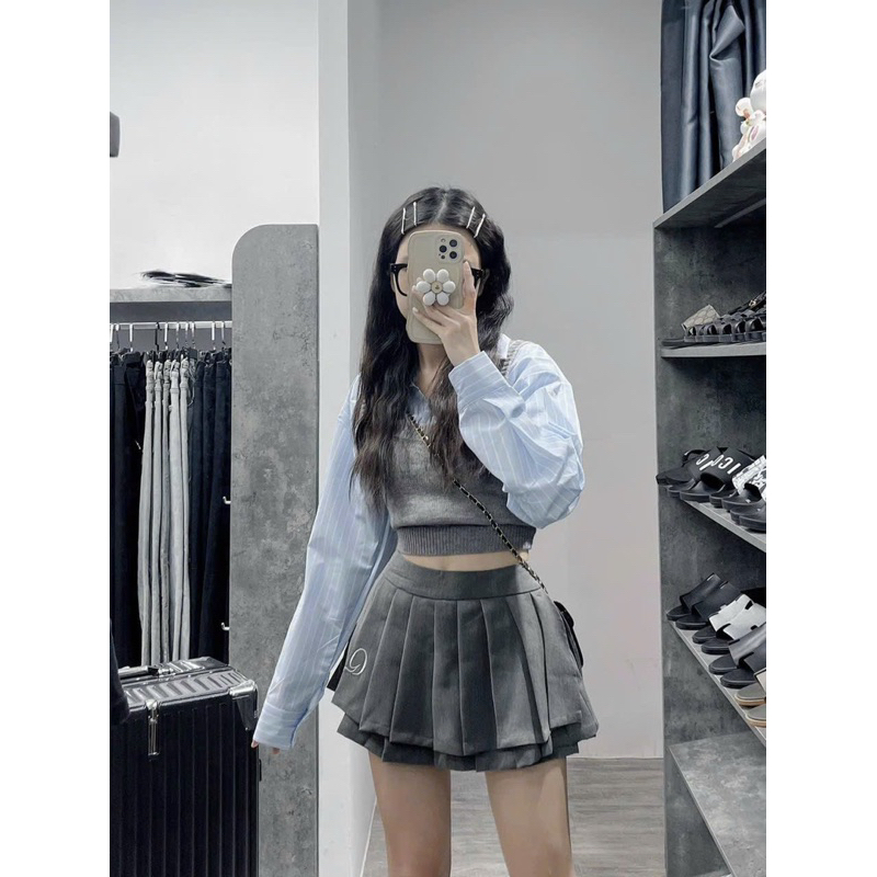 SÉT  ulzzang hàn áo GILE LEN CROPTOP VÀ ÁO SƠ MI DÀI TAY DÁNG CROPTOP HÀNG LOẠI 1