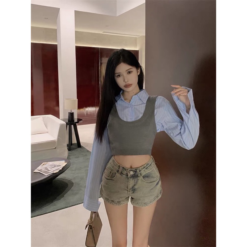 SÉT  ulzzang hàn áo GILE LEN CROPTOP VÀ ÁO SƠ MI DÀI TAY DÁNG CROPTOP HÀNG LOẠI 1