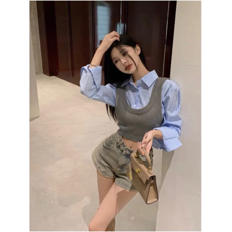 SÉT  ulzzang hàn áo GILE LEN CROPTOP VÀ ÁO SƠ MI DÀI TAY DÁNG CROPTOP HÀNG LOẠI 1