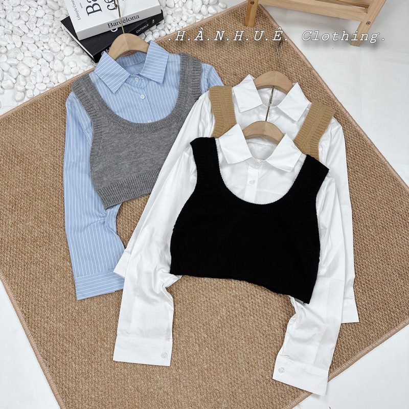 SÉT  ulzzang hàn áo GILE LEN CROPTOP VÀ ÁO SƠ MI DÀI TAY DÁNG CROPTOP HÀNG LOẠI 1