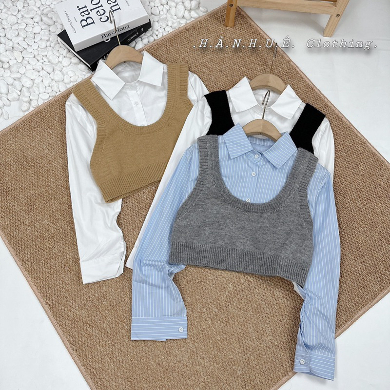 SÉT  ulzzang hàn áo GILE LEN CROPTOP VÀ ÁO SƠ MI DÀI TAY DÁNG CROPTOP HÀNG LOẠI 1