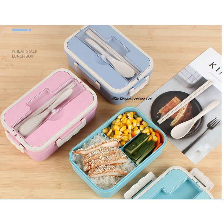 Hộp đựng cơm Lúa Mạch 3 ngăn  tặng kèm thìa và đũa inox.ĐTBX!