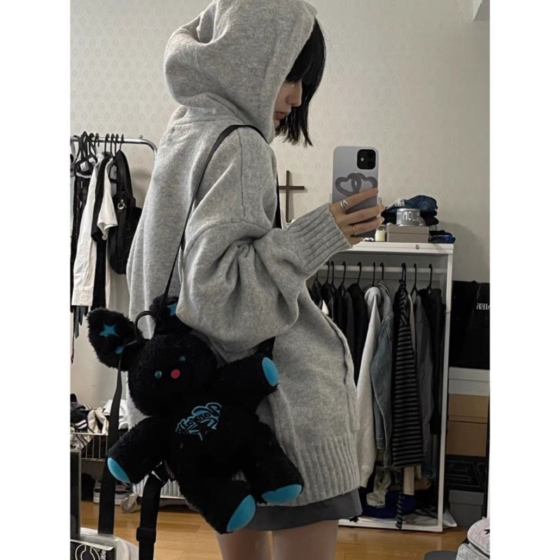 Áo len trùm đầu rộng rãi phong cách đường phố áo dệt kim màu xám kiểu retro phong cách cặp đôi