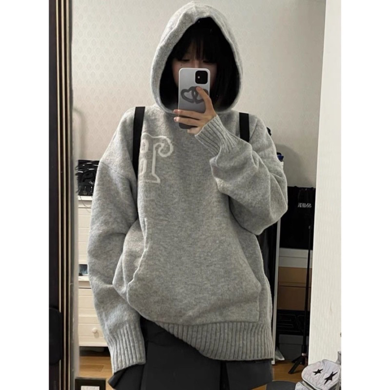 Áo len trùm đầu rộng rãi phong cách đường phố áo dệt kim màu xám kiểu retro phong cách cặp đôi