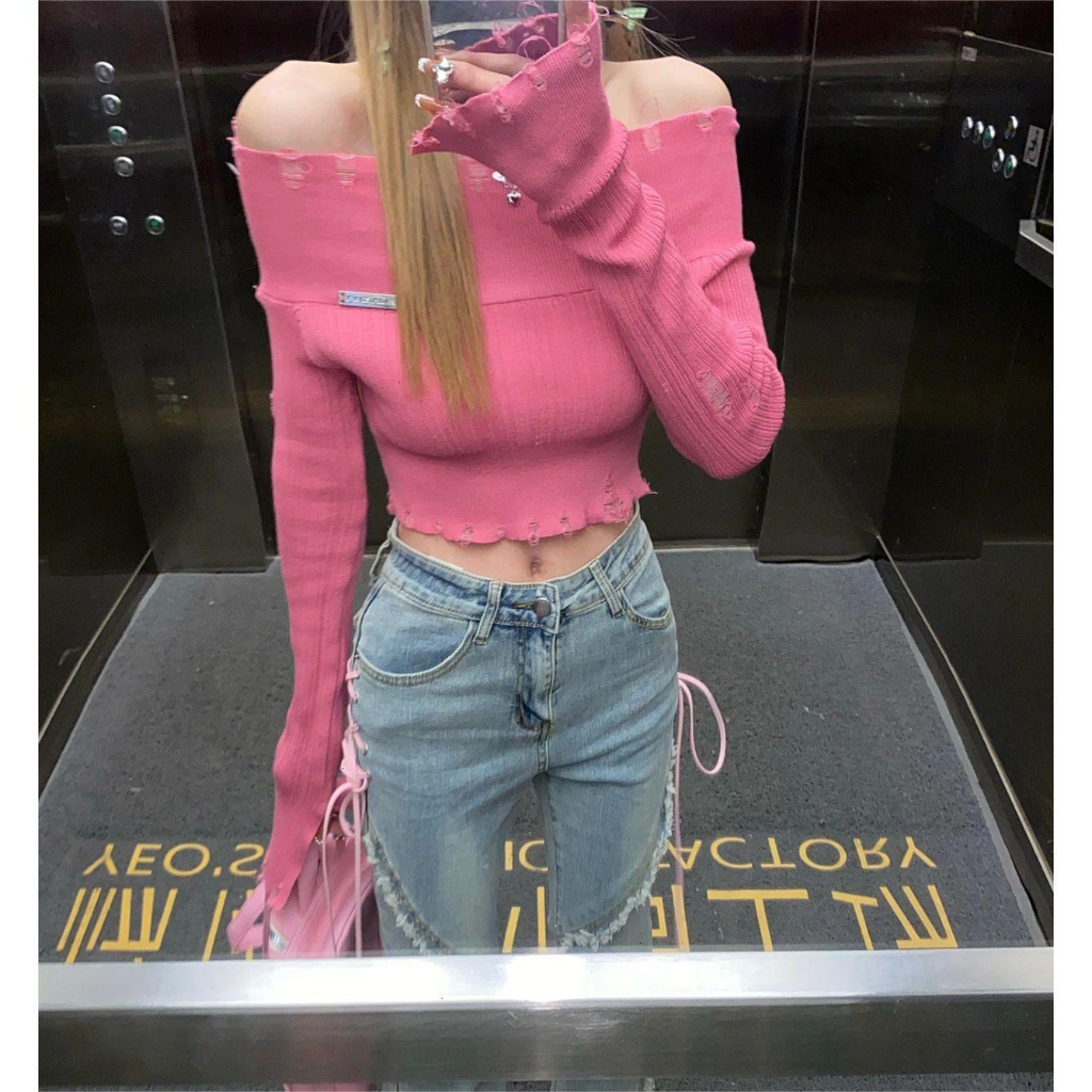 Áo len lệch vai dáng ôm thời trang nữ mùa thu 2023