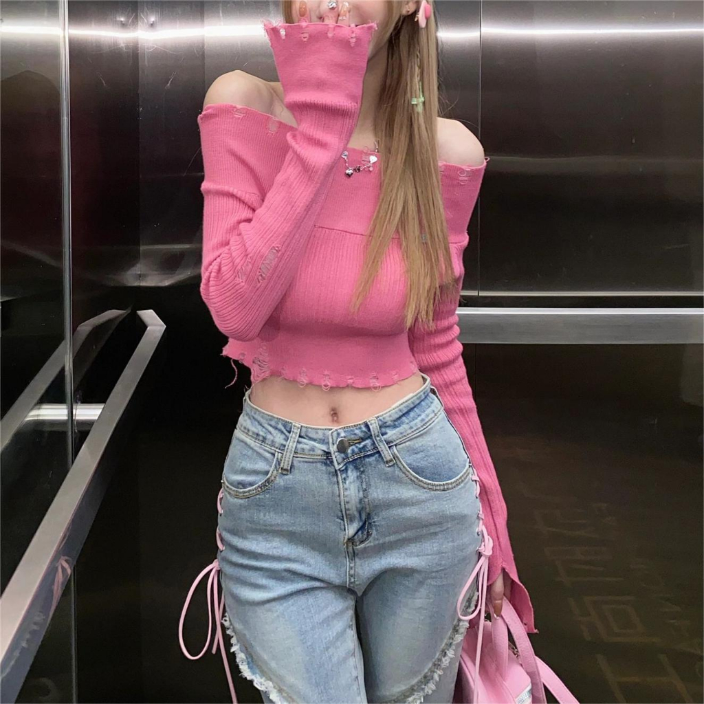 Áo len lệch vai dáng ôm thời trang nữ mùa thu 2023