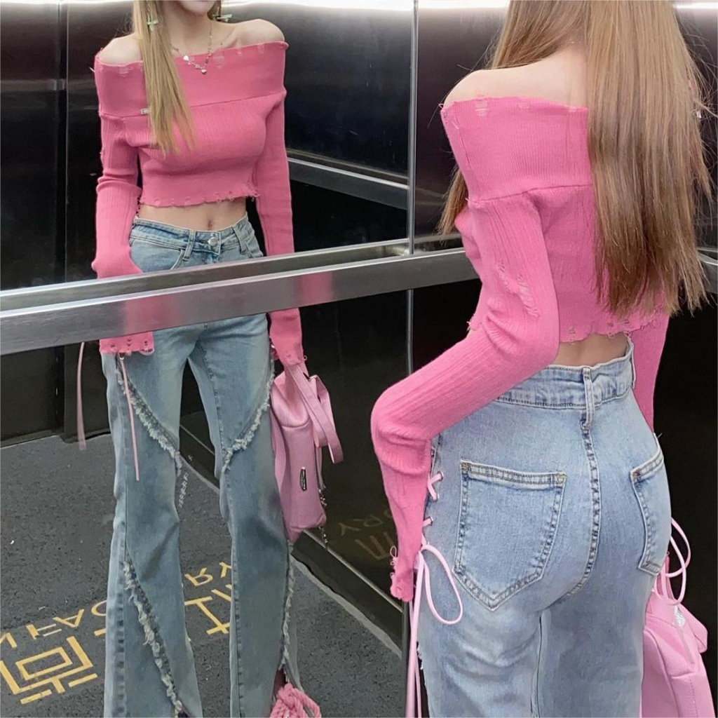 Áo len lệch vai dáng ôm thời trang nữ mùa thu 2023