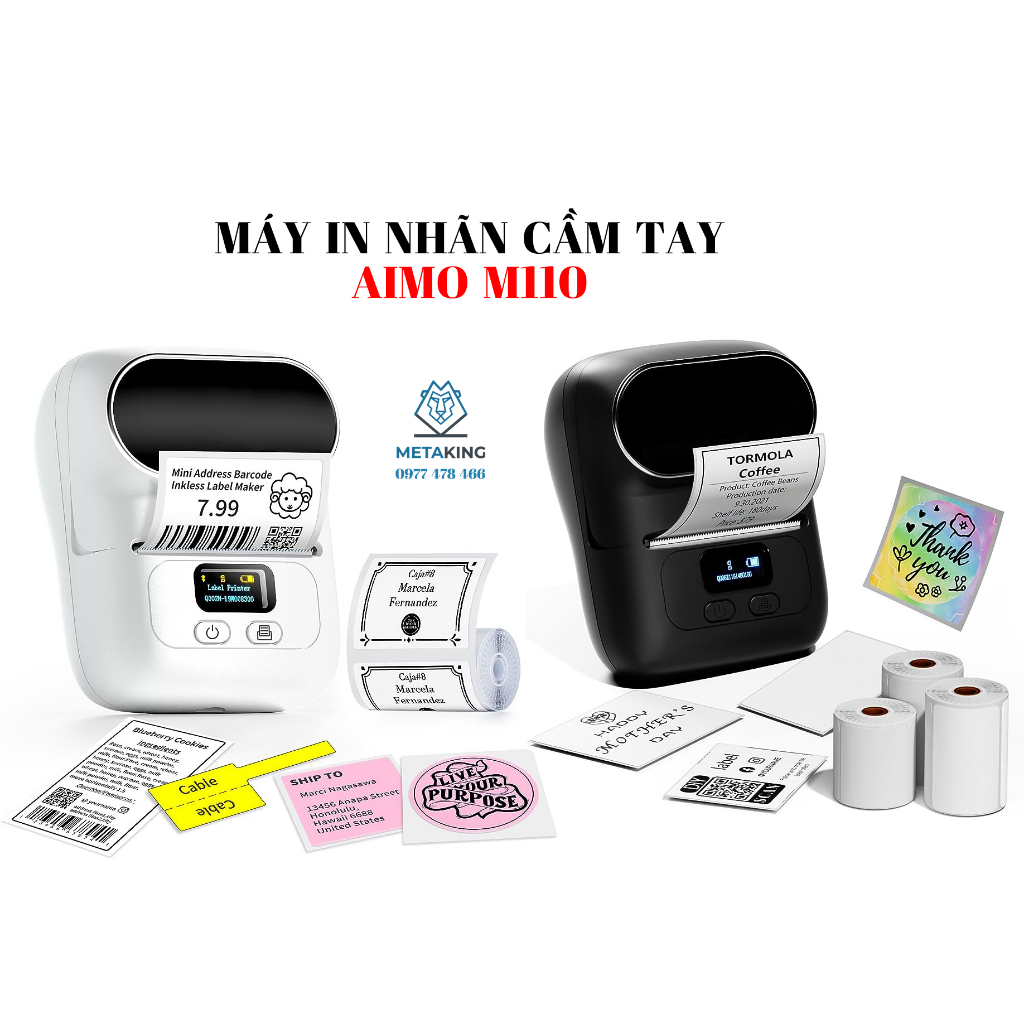 Máy In Nhãn Di Động Aimo Phomemo M110 - In Mã Vạch QR, Nhãn Cáp, Nhãn Trang Sức, Bluetooth, In Qua App