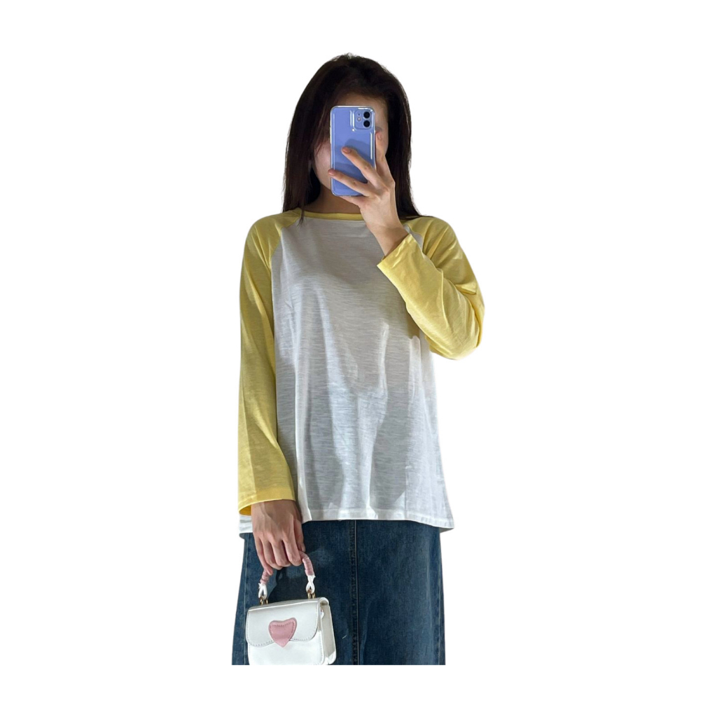 Áo thun tay dài phối màu trơn, Áo thun nữ tay dài dáng rộng chất Cotton xược
