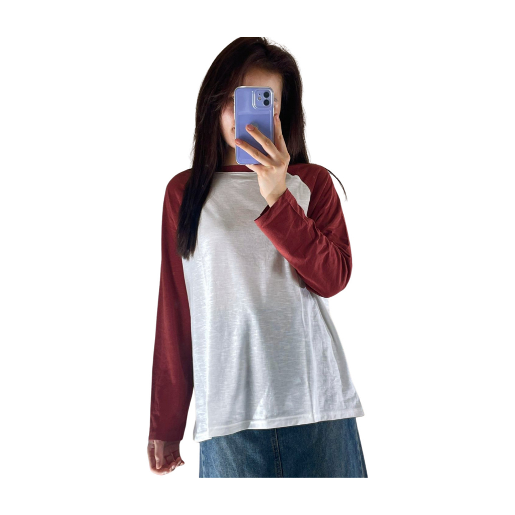 Áo thun tay dài phối màu trơn, Áo thun nữ tay dài dáng rộng chất Cotton xược
