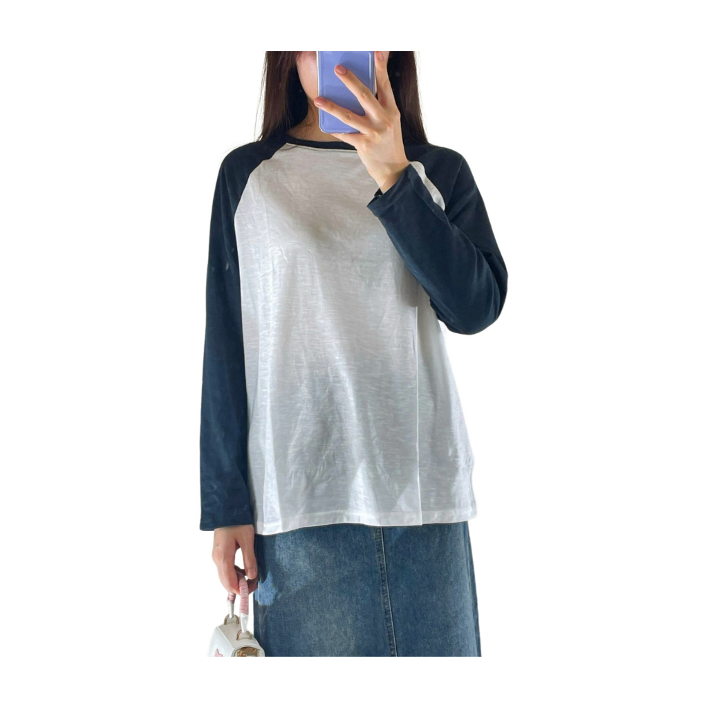 Áo thun tay dài phối màu trơn, Áo thun nữ tay dài dáng rộng chất Cotton xược