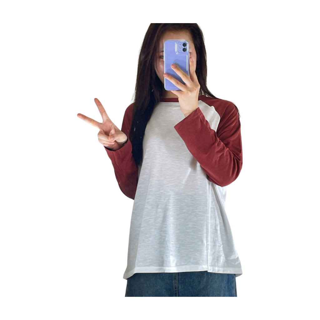 Áo thun tay dài phối màu trơn, Áo thun nữ tay dài dáng rộng chất Cotton xược