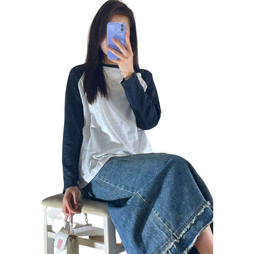 Áo thun tay dài phối màu trơn, Áo thun nữ tay dài dáng rộng chất Cotton xược