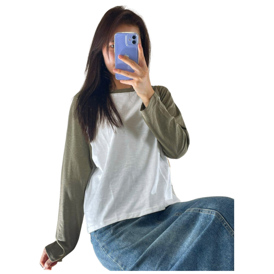 Áo thun tay dài phối màu trơn, Áo thun nữ tay dài dáng rộng chất Cotton xược