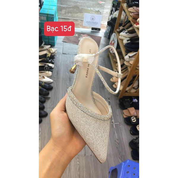 Sandal cao gót 7P 7phân Gót nhọn Kín mũi Da full kim tuyến Sang chảnh SD9630
