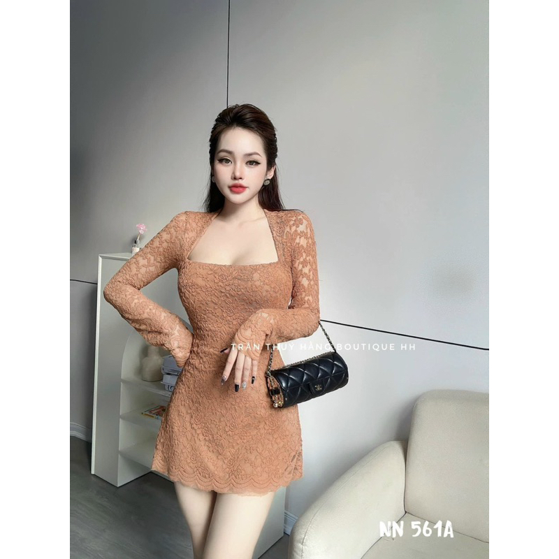 Váy Body Ren Cổ Vuông Tay Dài Dáng Ngắn Hàng Hai Lớp