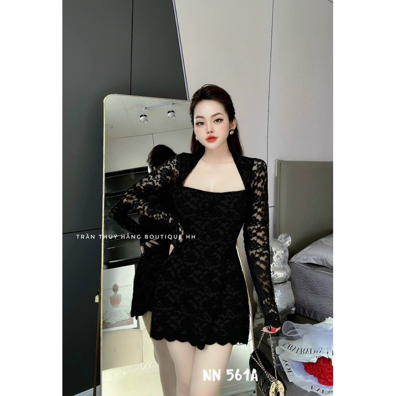 Váy Body Ren Cổ Vuông Tay Dài Dáng Ngắn Hàng Hai Lớp