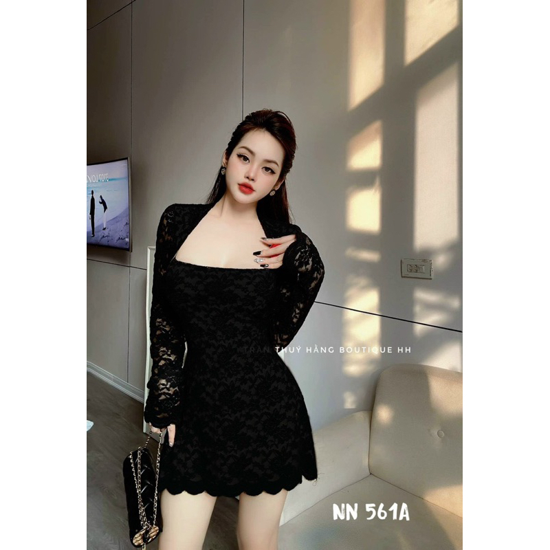Váy Body Ren Cổ Vuông Tay Dài Dáng Ngắn Hàng Hai Lớp