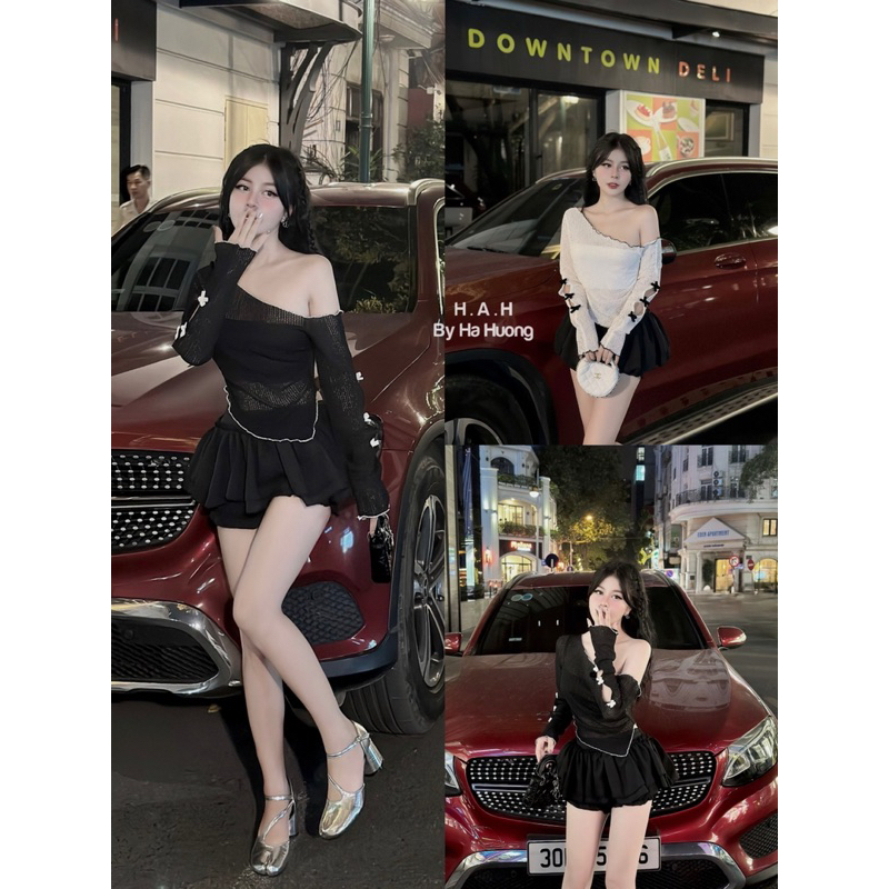 Set áo lệch vai tay nơ mix quần váy xếp ly