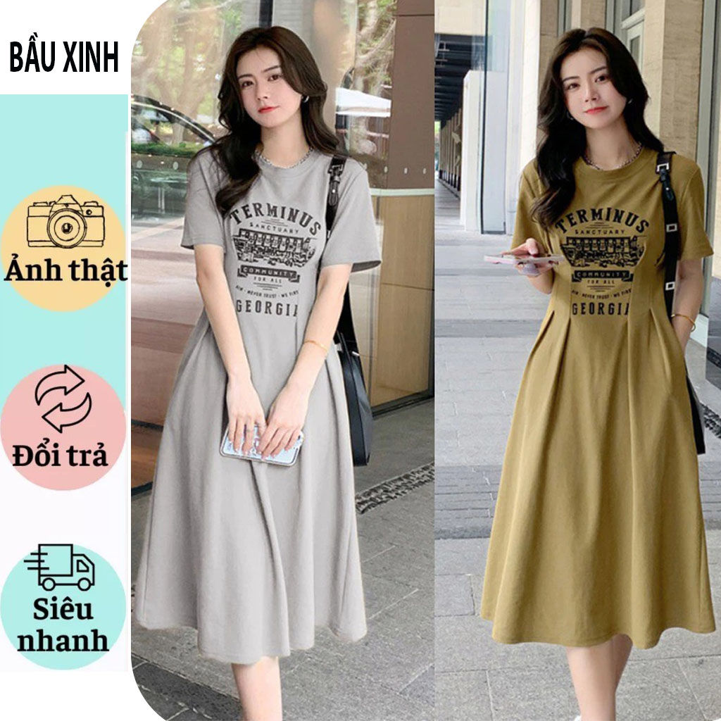 VÁY ĐẦM BẦU CÔNG SỞ MÙA HÈ-ĐẦM BẦU THIẾT KẾ BABAYDOLL DÁNG XÒE IN CHỮ TRẺ TRUNG CHẤT COTTON FRESIZE BẦU KHÔNG BẦU