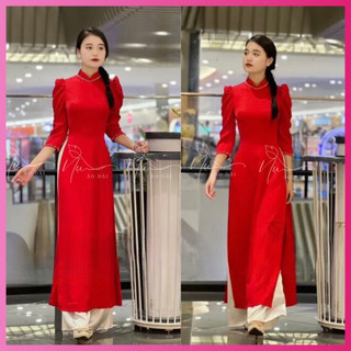 Áo dài nữ màu đỏ chất lụa tây thi mềm mịn, thiết kế đính hạt trai tạo điển nhấn thu hút mọi ánh nhìn