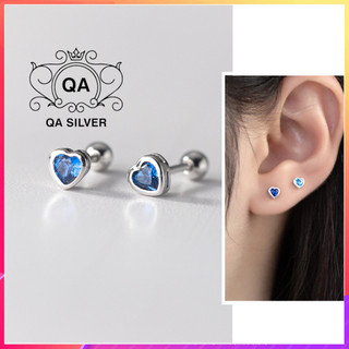 Khuyên tai bạc 925 trái tim xanh chốt bi vặn bông nam nữ S925 HEART QA SILVER Earrings EA230803