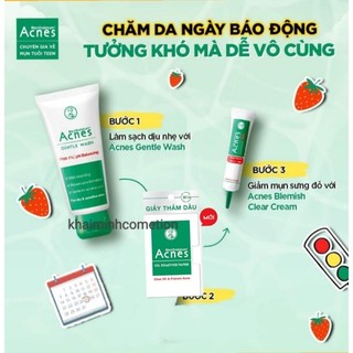 Bộ Acnes tri mụn gồm 3 sản phẩm : sữa rửa mặt Acnes tri mụn + giấy thấm dầu Acnes + dung dịch acnes dịu da kháng khuẩn