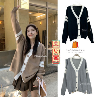 Áo Khoác Len Tay Dài Cổ V Thời Trang Nữ Phối Tay Và Cổ Sọc , Len Dệt 2 Lớp Mẫu Mới 2024 Phong Cách Hàn Quốc Shopquacam