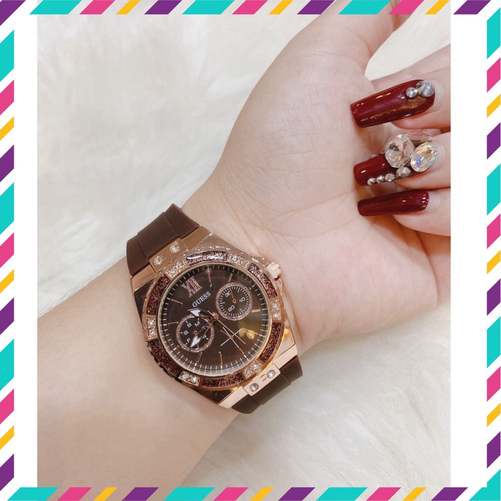 Đồng hồ trắng Nâu  dây cao su , chịu nước sinh hoạt-Hà Leo