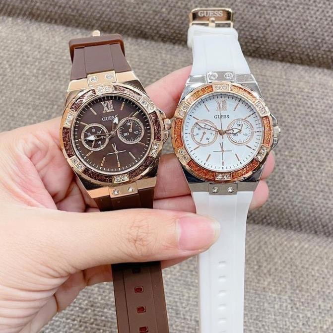 Đồng hồ trắng Nâu  dây cao su , chịu nước sinh hoạt-Hà Leo