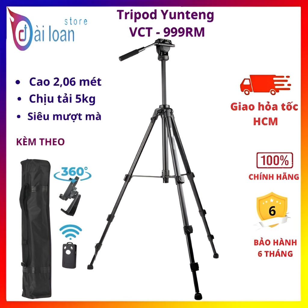 Tripod Yunteng VCT-999RM chân máy chuyên nghiệp cho máy ảnh và điện thoại, kèm túi đựng, remote và đầu kẹp xoay 360 độ