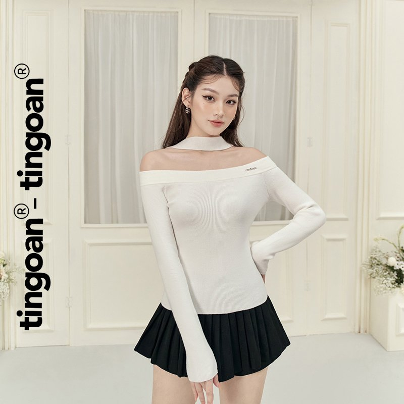 TINGOAN® - Áo trễ vai len trắng đính logo TINGOAN® dây trắng CHOKER TOP/WH -- WH