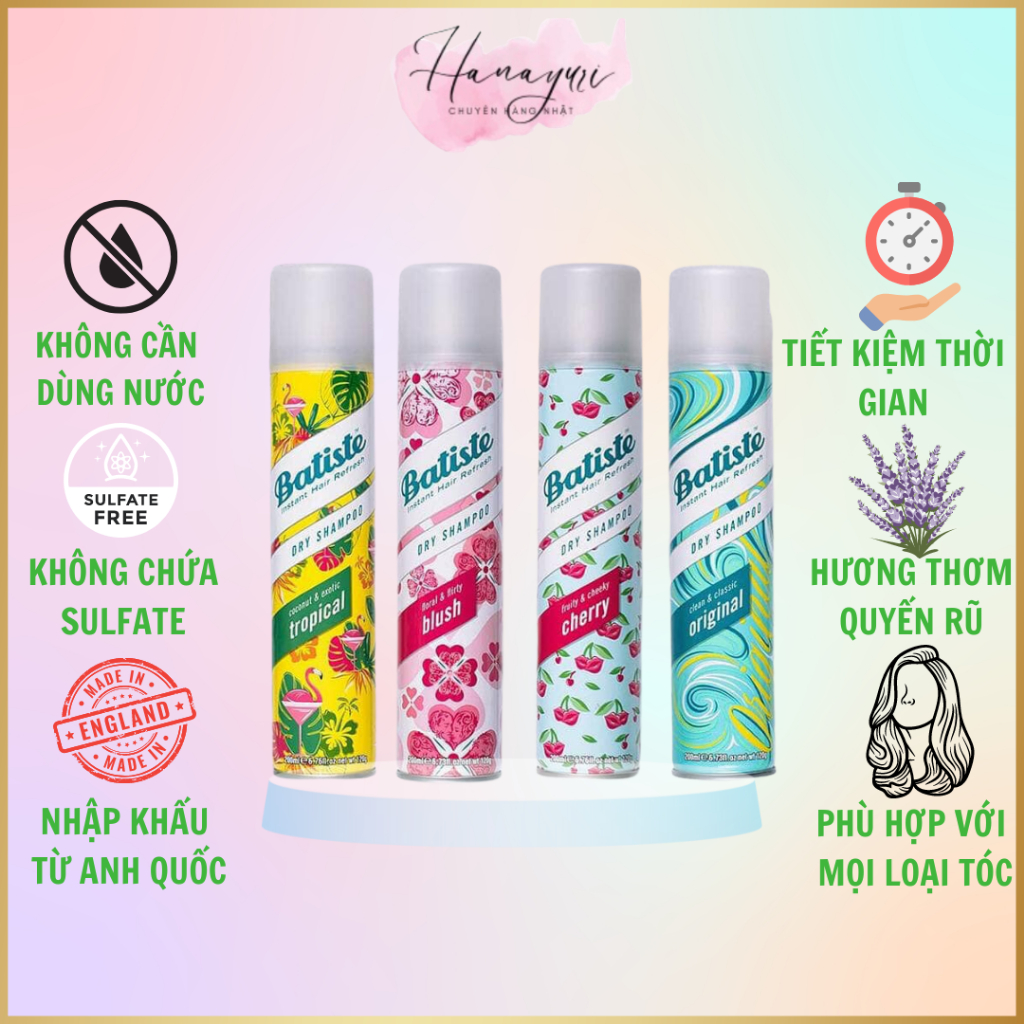 Dầu Gội Khô Batiste Dry Shampoo 200ml Hết Bết Dính, Tóc Bồng Bềnh, Hương Thơm Quyến Rũ, Lưu Hương Cực Lâu