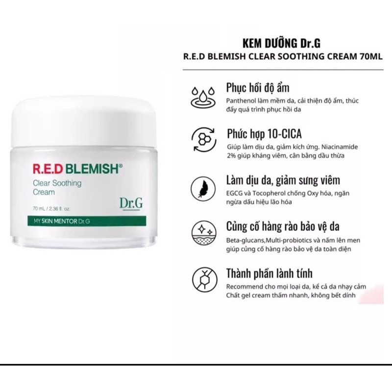 Kem dưỡng ẩm dành cho da dầu mụn Dr.G Red Blemish Clear Soothing Cream + phức hợp 5-Cica