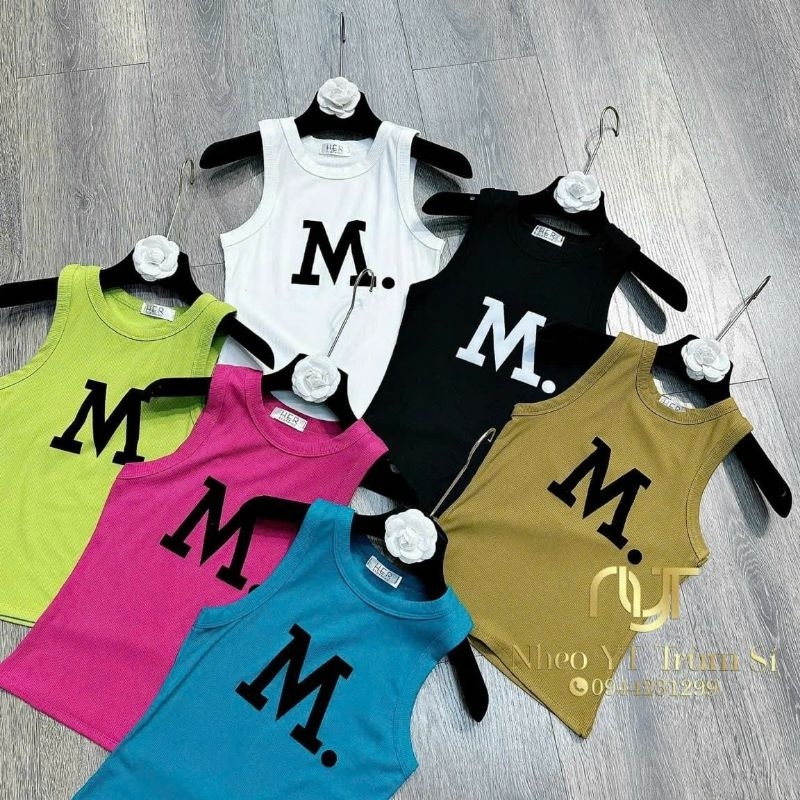Áo ba lỗ  thun tăm, dập nhung chữ M nhiều mầu.