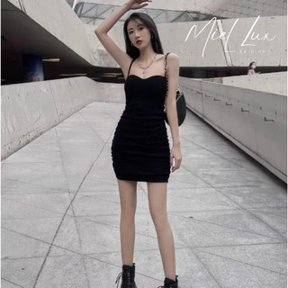 Váy body đen 2 dây dúm eo Miel Fashion thiết kế , đầm ôm body dáng ngắn mảnh bigsize V230904