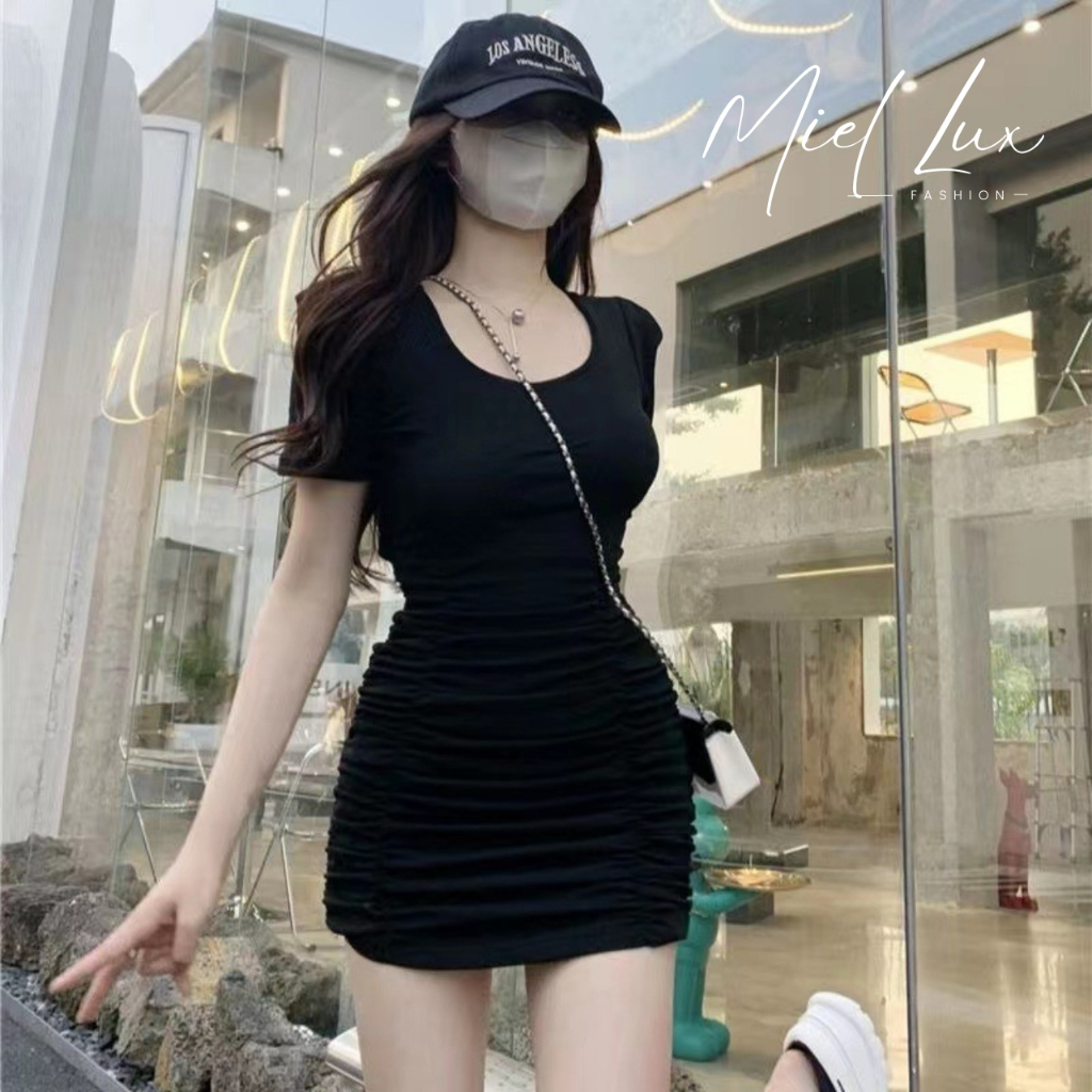 Váy nữ body đen dúm eo hở lưng Miel Fashion thiết kế , đầm ôm sexy body bigsize dáng ngắn V230905