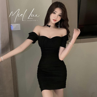 Váy nữ đen body dáng ngắn Miel Fashion thiết kế, đầm body ôm sát trễ vai dúm eo V230908